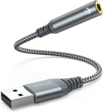 USB to 3.5mm Audio Jack Adapter, External Sound Card Converter Compatible with Headset, PC, Laptop, Mac, Desktops, Linux, PS4 and More Devices (Grey)